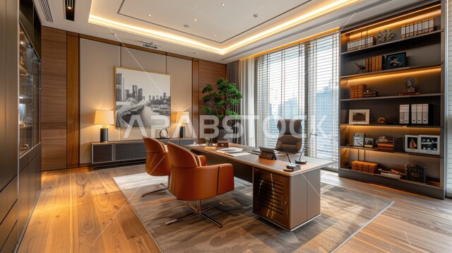 غرفة الأعمال الواسعة المجهزة بالمعدات والادوات، تصميم عصري وفاخر لمكاتب الشركات في المملكة العربية السعودية، غرف مكتبية بتصاميم داخلية وديكورات راقية، مجسمات أنيقة لمكتب عمل حديث متطور، الاطلالة على المدينة من خلال النوافذ الزجاجية الكبيرة