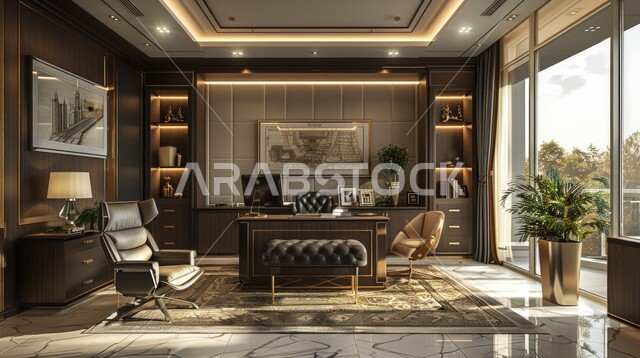 تصميم عصري وفاخر لمكاتب الشركات في المملكة العربية السعودية، غرفة الأعمال الواسعة المجهزة بالمعدات والادوات، غرف مكتبية بتصاميم داخلية وديكورات راقية، مجسمات أنيقة لمكتب عمل حديث متطور، الاطلالة على المدينة من خلال النوافذ الزجاجية الكبيرة