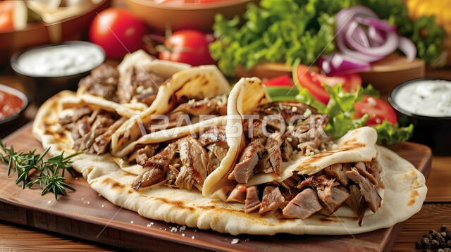 شرائح من شاورما اللحم اللذيذة داخل قطع من الخبز العربي على لوح تقديم خشبي، وجبات الطعام السريعة في السعودية، مطاعم للمأكولات العربية الشرقية