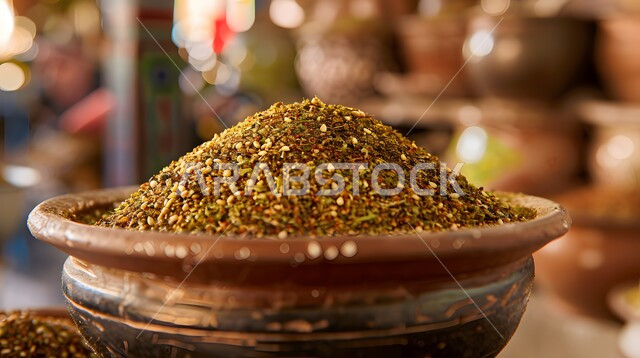 طبق من الفخار مليء بالزعتر اللذيذ، وجبات الفطور الصحي والمغذي، مأكولات عربية شرقية، مفهوم استخدام الأواني الفخارية، منتجات وطنية محلية سعودية