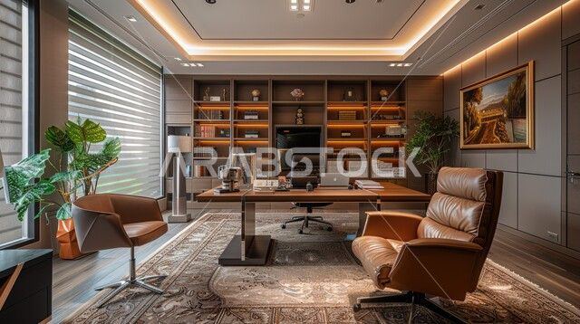 اكسسوارات وتحف وأثاث فاخر، تصميم عصري حديث لغرف العمل الواسعة المجهزة بالمعدات والأدوات، مفهوم الفن الهندسي المعماري في المملكة العربية السعودية، مكاتب وشركات بتصاميم داخلية و ديكورات حديثة، اطلالة النوافذ الزجاجية الكبيرة