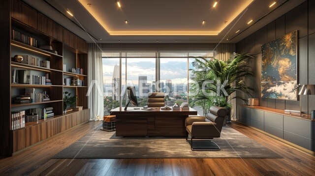 تحف واكسسوارات وأثاث فاخر، تصميم عصري حديث لغرف العمل الواسعة المجهزة بالمعدات والأدوات، مفهوم الفن الهندسي المعماري في المملكة العربية السعودية، مكاتب وشركات بتصاميم داخلية و ديكورات حديثة، الاطلالة على المدينة من خلال النوافذ الزجاجية الكبيرة