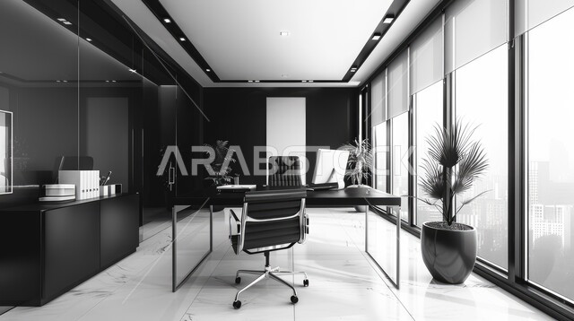 الفن الهندسي المعماري في المملكة العربية السعودية، أثاث فاخر وديكورات واكسسوارات وتحف، تصميم عصري حديث لغرف العمل الواسعة المجهزة بالمعدات والأدوات، مكاتب وشركات بتصاميم داخلية حديثة باللون الاسود، اطلالة على المدينة من خلال النوافذ الزجاجية الكبيرة