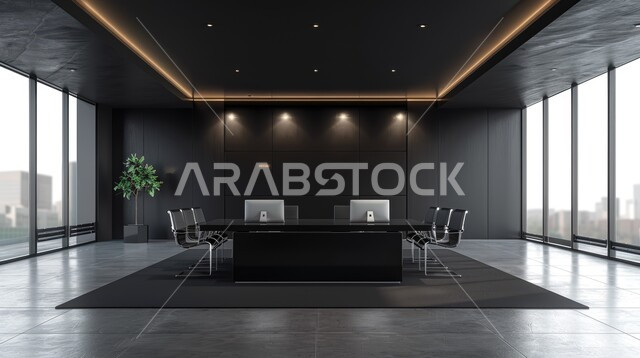 Luxurious furniture, decorations, accessories and antiques, modern modern design for spacious work rooms equipped with equipment and tools, concept of architectural engineering art in the Kingdom of Saudi Arabia, offices and companies with modern interior designs in black, a view of the city through large glass windows