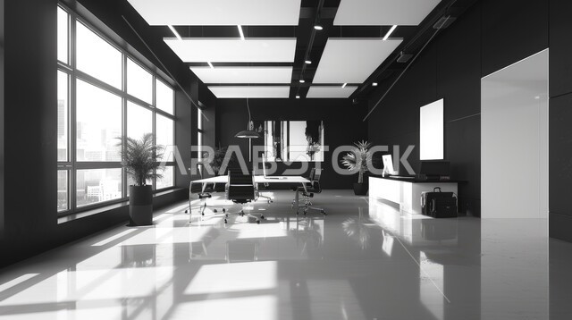 Luxurious decorations, accessories, antiques and furniture, modern modern design for spacious work rooms equipped with equipment and tools, concept of architectural engineering art in the Kingdom of Saudi Arabia, offices and companies with modern interior designs in black, a view of the city through large glass windows