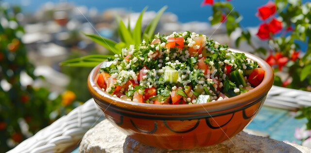 A clay dish of tabbouleh filled with fresh vegetables, serving healthy and beneficial meals in Saudi restaurants, foods rich in vitamins, Arabic appetizers and oriental food.