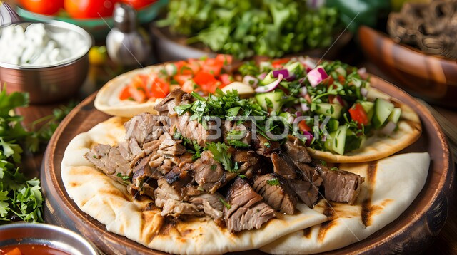 مطاعم للمأكولات العربية الشرقية، شرائح من شاورما اللحم اللذيذة فوق رغيف من الخبز العربي بجانب مجموعة من المقبلات والسلطات الشهية، وجبات الطعام السريعة في السعودية
