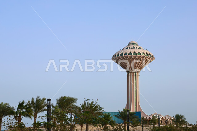 The view of the blue sky, the architectural art of the water tower in the city of Al-Khobar, urban growth and development in the tourist places of the Kingdom of Saudi Arabia, marine nature in Dammam