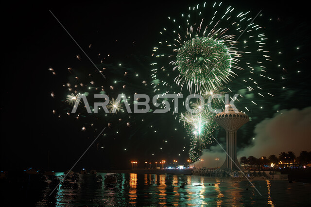 الفن الهندسي المعماري لبرج المياه على كورنيش الخبر, الواجهه البحريه على ساحل البحر الأحمر في وقت الليل, المعالم السياحية المشهورة, الاحتفال باليوم الوطني السعودي، مناسبة يوم التأسيس، عرض الألعاب والمفرقعات النارية, أنشطة وفعاليات ترفيهيه في السعودية