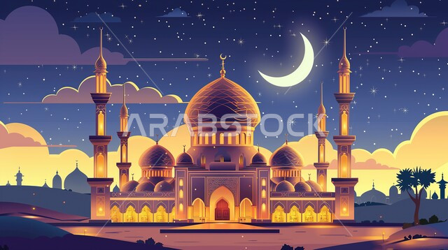 الفن الهندسي المعماري للمساجد، مسجد مضاء في الليل، ديكورات وتصاميم على الطراز الإسلامي، العبادة والتقرب إلى الله، آداء الفرائض والصلوات، القبب والمآذن المتميزة، خلفيات دينية رمضانية
