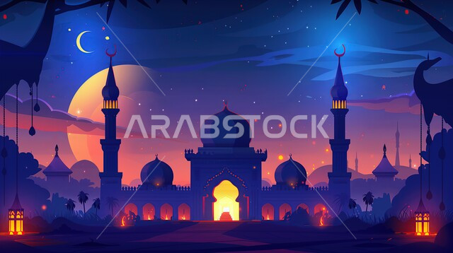 الفن الهندسي المعماري للمساجد، مسجد مضاء في الليل، ديكورات وتصاميم على الطراز الإسلامي، العبادة والتقرب إلى الله، آداء الفرائض والصلوات، القبب والمآذن المتميزة، خلفيات دينية رمضانية