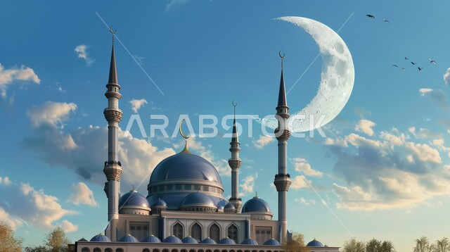 القبب والمآذن المتميزة، ديكورات وتصاميم على الطراز الاسلامي، الفن الهندسي المعماري للمساجد، مسجد عربي فاخر، العبادة والتقرب إلى الله، آداء الفرائض والصلوات، خلفيات دينية رمضانية، منظر الهلال في السماء