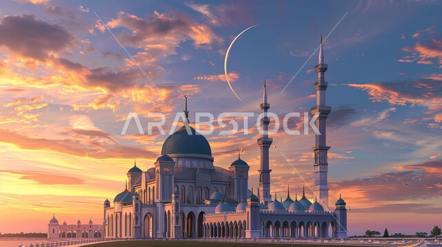 القبب والمآذن المتميزة، ديكورات وتصاميم على الطراز الاسلامي، الفن الهندسي المعماري للمساجد، مسجد عربي فاخر، العبادة والتقرب إلى الله، آداء الفرائض والصلوات، خلفيات دينية رمضانية، منظر الهلال في السماء