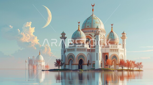 القبب والمآذن المتميزة، ديكورات وتصاميم على الطراز الاسلامي، الفن الهندسي المعماري للمساجد، مسجد عربي فاخر، العبادة والتقرب إلى الله، آداء الفرائض والصلوات، خلفيات دينية رمضانية، منظر الهلال في السماء