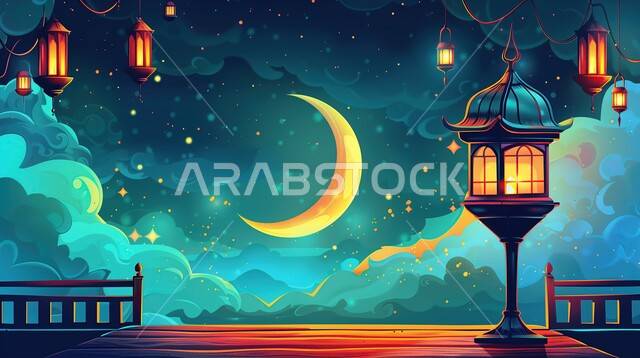 منظر الغيوم في السماء، الاحتفال بالمناسبات والأعياد الدينية الاسلامية، ديكورات وزينة رمضان المبارك, فوانيس معدنية تقليدية مضيئة مزخرفة، العادات والتقاليد لاستقبال الشهر المبارك في المملكة العربية السعودية, البهجة بقدوم شهر الخير