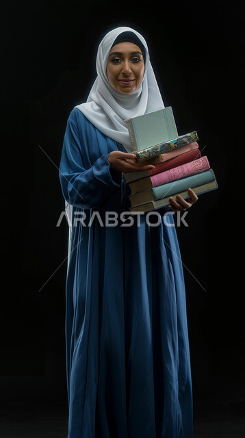 أعياد ومناسبات ومفاجآت سعيدة, النظر الى الكاميرا بإيماءات السرور، فرحة الحصول على الهدية والتهنئة، بورتريه لامرأة عربية سعودية خليجية محجبة ترتدي عباءة زرقاء تحمل بيديها علب مغلفة، صورة الجسم بالطول الكامل، خلفية سوداء