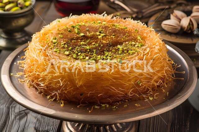 طبق من الكنافة اللذيذة المزينة بالفستق الحلبي، منتجات محلية وطنية، الأساليب الفنية في تقديم الطعام, مأكولات غنية بالسكريات والسعرات الحرارية، الحلويات العربية الشرقية