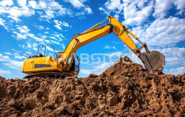 جرافة تعمل على رفع وتعبئة الرمال والحصى في النهار، مفهوم الهندسة والإنشاءات والتطوير، مهن ووظائف هندسية في السعودية، معمل تجميع الرمل والآلات الضخمة، قوة وتقنية عملية استخراج مواد البناء، آلات ومعدات ثقيلة