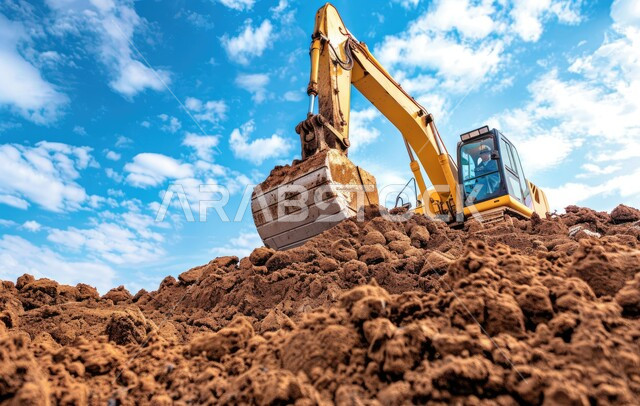 معمل تجميع الرمل والآلات الضخمة، قوة وتقنية عملية استخراج مواد البناء، آلات ومعدات ثقيلة، جرافة تعمل على رفع وتعبئة الرمال والحصى في النهار، مفهوم الهندسة والإنشاءات والتطوير، مهن ووظائف هندسية في السعودية