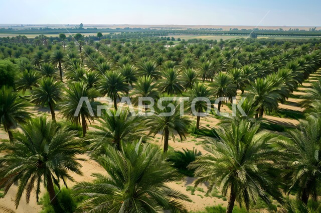 A natural reserve for growing palm trees during the day, agricultural fields and lands, a national local Arab product, the Saudi date and dates crop, an aerial photo of green palm farms in the Kingdom of Saudi Arabia