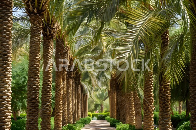 حقول واراضي زراعيه، منتج عربي محلي وطني، محصول التمر والرطب السعودي، صورة جوية لمزارع النخيل الخضراء في المملكة العربية السعودية، محميه طبيعيه لزراعة اشجار النخل في النهار