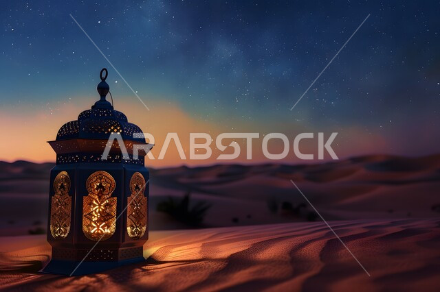  زينة إضاءة الاعياد والمناسبات الدينية، الاستعداد لاسقبال شهر رمضان المبارك، الكثبان الرملية والبيئة الصحراوية في المناطق البرية للمملكة العربية السعودية، فانوس معدني مزخرف مضيء وسط الرمال