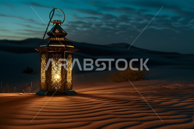 الكثبان الرملية والبيئة الصحراوية في المناطق البرية للمملكة العربية السعودية، فانوس معدني مزخرف مضيء وسط الرمال، زينة إضاءة الاعياد والمناسبات الدينية، الاستعداد لاسقبال شهر رمضان المبارك