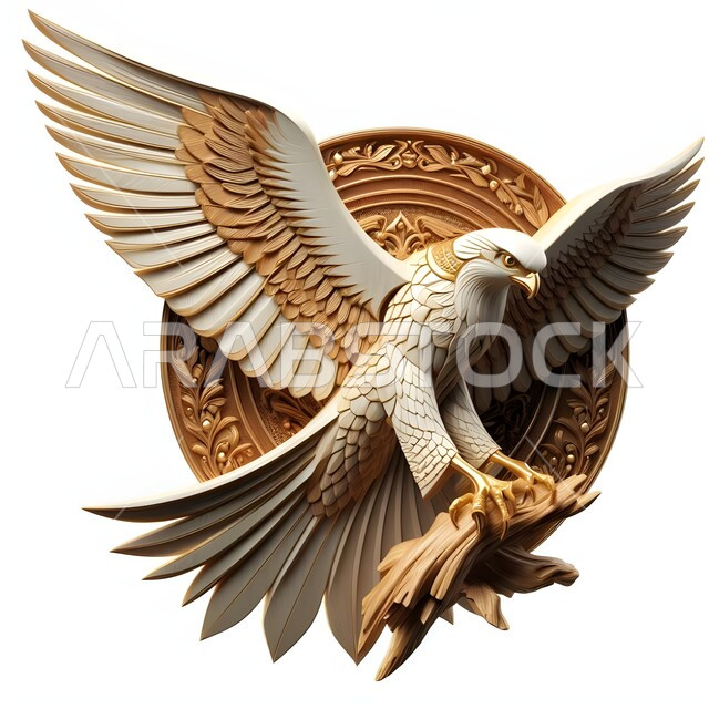 رمز القوة والتحدي وحدة البصر، تدريب وترويض الطيور الجارحة والمفترسة، توارث حب الصقور في المملكة العربية السعودية، الفخر بالتراث السعودي العريق في تربية طائر الصقر، منحوتة خشبية لطائر الصقر، خلفية بيضاء