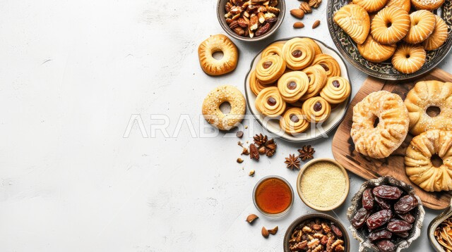حلى المعمول السعودي بالتمر والمكسرات، أطباق من الحلويات العربية الشرقية، مأكولات شهية غنية بالسكريات والسعرات الحرارية، كرم الضيافة في المملكة العربية السعودية, منتجات محلية وطنية، خلفية بيضاء