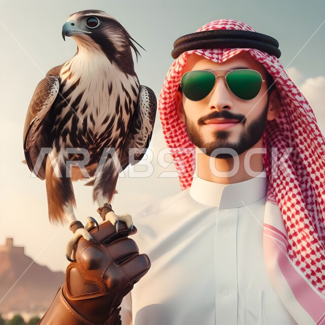 مهارة ترويض وتدريب الطيور المفترسة, الفخر بالتراث السعودي العريق, صورة مقربة لرجل عربي خليجي سعودي يرتدي الزي التقليدي والنظارة الشمسية و قفاز الحماية ويرفع على يده طائر الصقر, موسم صيد الصقور, انتقال إرث الأجداد في تربية الطيور الجارحة عبر الأجيال