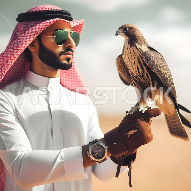 مهارة ترويض وتدريب الطيور المفترسة, الفخر بالتراث السعودي العريق, صورة مقربة لرجل عربي خليجي سعودي يرتدي الزي التقليدي والنظارة الشمسية و قفاز الحماية ويرفع على يده طائر الصقر, موسم صيد الصقور, انتقال إرث الأجداد في تربية الطيور الجارحة عبر الأجيال