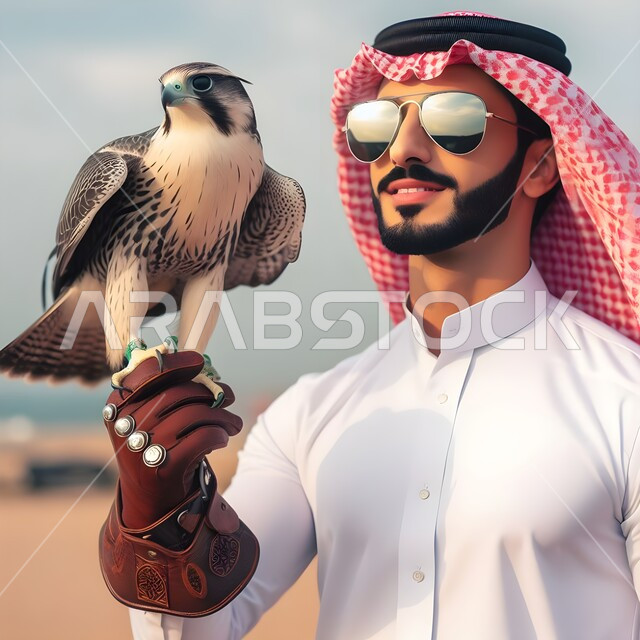 انتقال إرث الأجداد في تربية الطيور الجارحة عبر الأجيال، مهارة ترويض وتدريب الطيور المفترسة, الفخر بالتراث السعودي العريق, صورة مقربة لرجل عربي خليجي سعودي يرتدي الزي التقليدي والنظارة الشمسية و قفاز الحماية ويرفع على يده طائر الصقر, موسم صيد الصقور
