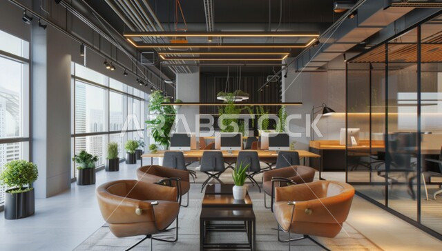 تصميم عصري حديث لمكاتب الشركات السعودية، غرفة اجتماعات مستطيلة واسعة، غرف مكتبية بتصاميم داخلية وديكورات كلاسيكية راقية على الطراز الحديث، مكتب عمل بأثاث أنيق ومريح، تحف وإكسسوارات فاخرة