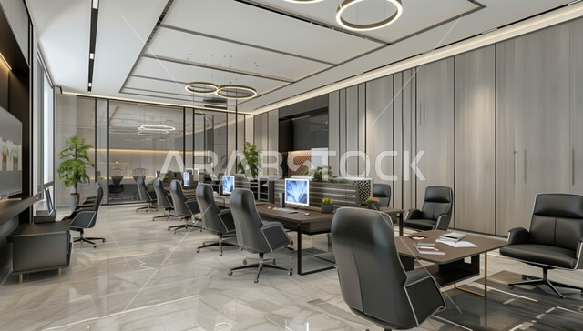  مكتب عمل بأثاث أنيق ومريح، تحف وإكسسوارات فاخرة، تصميم عصري حديث لمكاتب الشركات السعودية، غرفة اجتماعات مستطيلة واسعة، غرف مكتبية بتصاميم داخلية وديكورات كلاسيكية راقية على الطراز الحديث
