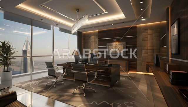 مكاتب الشركات السعودية، غرفة اجتماعات مستطيلة واسعة، غرف مكتبية بتصاميم داخلية وديكورات كلاسيكية راقية على الطراز الحديث، تصميم عصري حديث لمكتب عمل بأثاث أنيق ومريح، تحف وإكسسوارات فاخرة