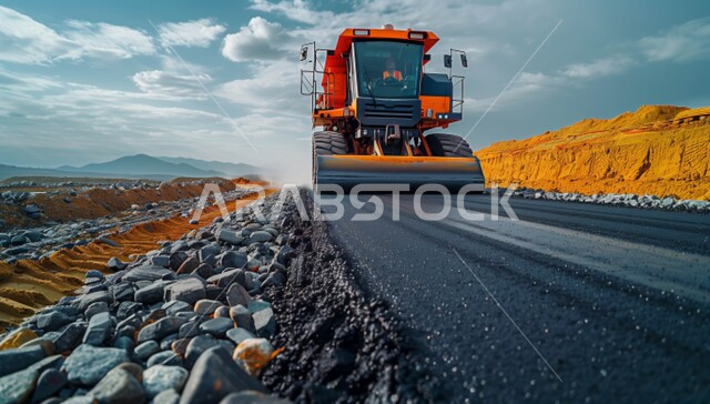 ألة مد الاسفلت بشكل مستوي في الطرقات، تعبيد الشوارع الرئيسية، مفهوم الهندسة والبناء والتطوير، مهن ووظائف هندسية في السعودية، معمل تكسير الحجارة والآلات الضخمة، قوة وتقنية عملية استخراج وتحطيم الصخور، آلات ومعدات ثقيلة