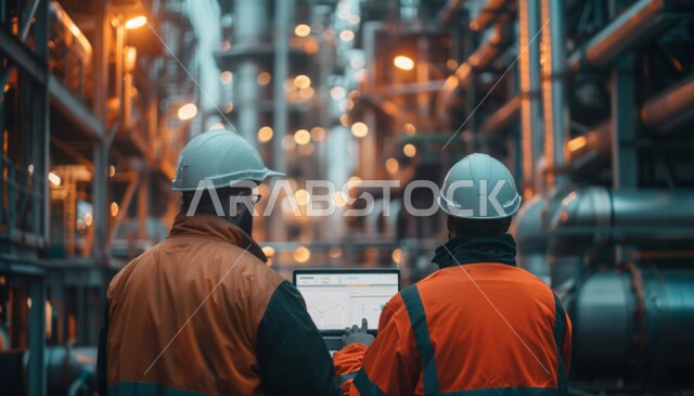 متابعة ومراقبة عمليات الانتاج وسير عمل الآلات، وظائف ومهن هندسية شبابية، العمل في مصانع ومعامل المملكة العربية السعودية، صورة مقربة من الخلف لمهندسين صناعيين عربيين خليجيين سعوديين يرتديان السترة وخوذة الحماية داخل المصنع