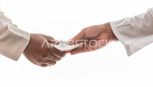 The concept of paying in cash, the process of paying money, receiving and delivering deposits, generosity and giving Eid on Islamic occasions and holidays, a close-up portrait of the hands of two Saudi Gulf Arab men exchanging money, dealing in Saudi riyals, a white background.
