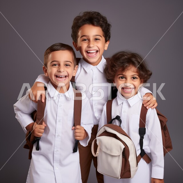 الاستعداد والتجهز للذهاب الى المدرسة، التعليم في المملكة العربية السعودية، استقبال العام الدراسي الجديد بحماس، بورتريه لمجموعة طلاب عرب خليجيين سعوديين مبتسمين يحملون حقيبة الظهر المدرسية ينظرون الى الكاميرا بتعابير السرور والسعادة، خلفية رمادية