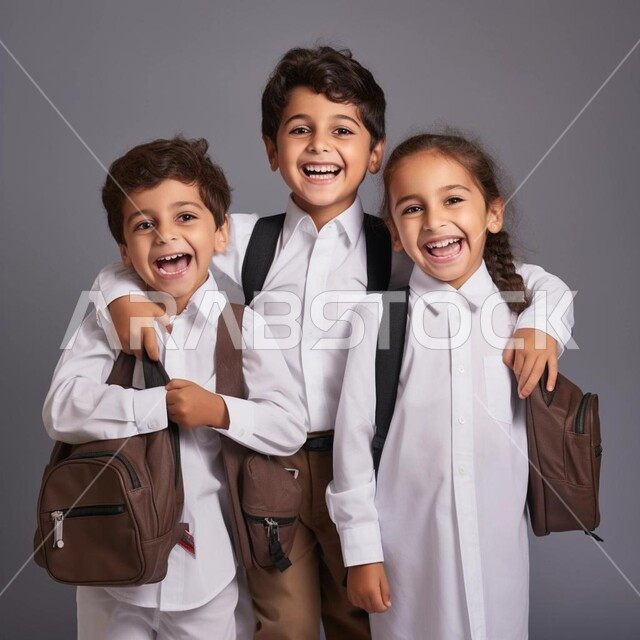 الاستعداد والتجهز للذهاب الى المدرسة، التعليم في المملكة العربية السعودية، استقبال العام الدراسي الجديد بحماس، بورتريه لمجموعة طلاب عرب خليجيين سعوديين مبتسمين يحملون حقيبة الظهر المدرسية ينظرون الى الكاميرا بتعابير السرور والسعادة، خلفية رمادية