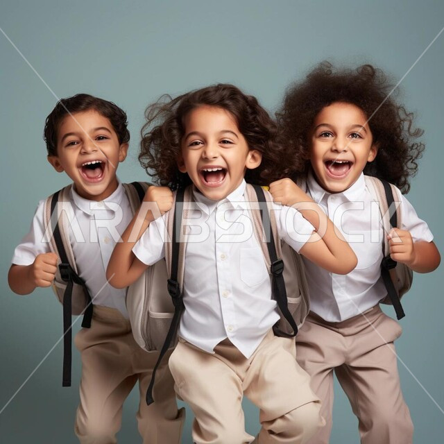 Getting ready and ready to go to school, education in the Kingdom of Saudi Arabia, welcoming the new school year with enthusiasm, a portrait of a group of smiling Saudi Gulf Arab students carrying a school backpack looking at the camera with expressions of pleasure and happiness, gray background
