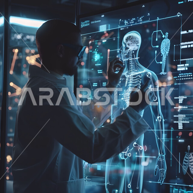 The use of technology and technology in health research, development and progress in the future medical field in the Kingdom of Saudi Arabia, a picture from the side of a Saudi Gulf Arab doctor wearing a white coat and 3D glasses performing medical diagnosis and treatment via a digital screen