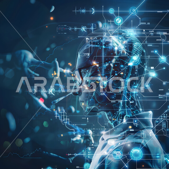 التشخيص الطبي عبر التقنيات الحديثة, أيقونات وشاشات رقمية حديثة للعلاج الصحي, استخدام الأجهزة التقنية في المستشفيات الذكية في المستقبل في المملكة العربية السعودية,صورة مقربة لمريض عربي خليجي سعودي في غرفة مجهزة بالأجهزة الالكترونية