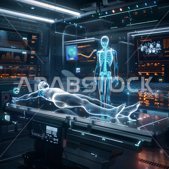 مريض مستقلي على سرير إلكتروني طبي كهربائي، حجره مجهزه بالأدوات والأجهزة المتطورة، استخدام التقنيه والتكنولوجيا في العلاج والطب الحديث في المستشفيات الذكية في المستقبل, التصاميم الحديثة لغرفه طبية لفحص وتشخيص المرضى في المستشفى