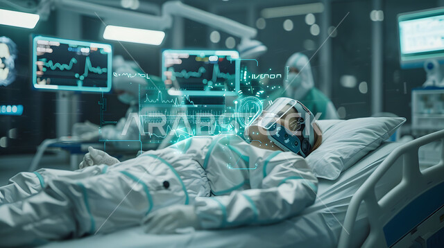 البنية التحتية للمستشفيات الذكية والمتطورة في المستقبل, مريضة عربية خليجية سعودية مستلقية على سرير إلكتروني طبي كهربائي، حجره مجهزه بالأدوات والأجهزة المتطورة، استخدام التقنيه والتكنولوجيا في العلاج والطب الحديث