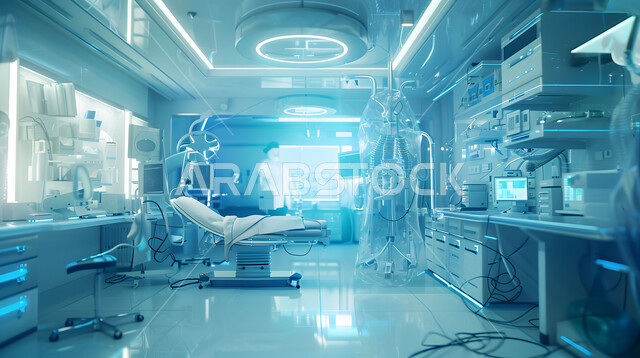 التصاميم الحديثة لغرفه طبية لفحص وتشخيص المرضى في المستشفى، سرير إلكتروني طبي كهربائي للمريض، حجره مجهزه بالأدوات والأجهزة المتطورة، استخدام التقنيه والتكنولوجيا في العلاج والطب الحديث في المستشفيات الذكية في المستقبل