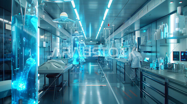 حجره مجهزه بالأدوات والأجهزة المتطورة، استخدام التقنيه والتكنولوجيا في العلاج والطب الحديث في المستشفيات الذكية في المستقبل, التصاميم الحديثة لغرفه طبية لفحص وتشخيص المرضى في المستشفى، سرير إلكتروني طبي كهربائي للمريض