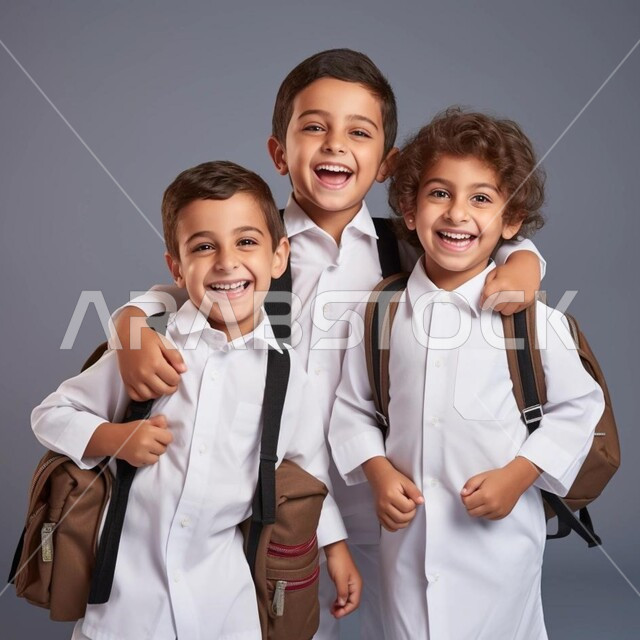 Preparing to go to school, education in the Kingdom of Saudi Arabia, welcoming the new school year with enthusiasm, a portrait of a group of smiling Saudi Gulf Arab students carrying a school backpack looking at the camera with expressions of pleasure and happiness, gray background