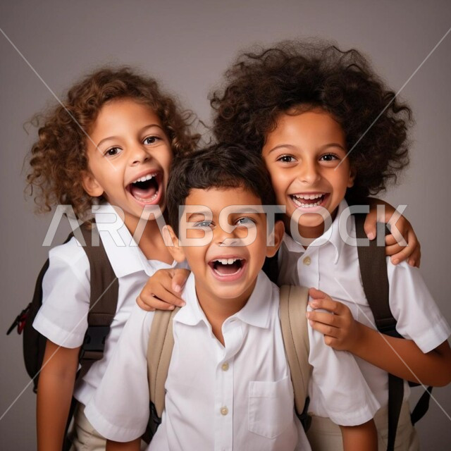 التجهز للذهاب الى المدرسة، التعليم في المملكة العربية السعودية، استقبال العام الدراسي الجديد بحماس، بورتريه لمجموعة طلاب عرب خليجيين سعوديين مبتسمين يحملون حقيبة الظهر المدرسية ينظرون الى الكاميرا بتعابير السرور والسعادة، خلفية رمادية