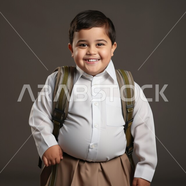 الاستعداد والتجهز للذهاب الى المدرسة، التعليم في المملكة العربية السعودية، استقبال العام الدراسي الجديد بحماس، بورتريه مقرب لولد عربي خليجي سعودي مبتسم يحمل حقيبة الظهر المدرسية وينظر الى الكاميرا بتعابير وايماءات الفرح والسرور، خلفية سوداء